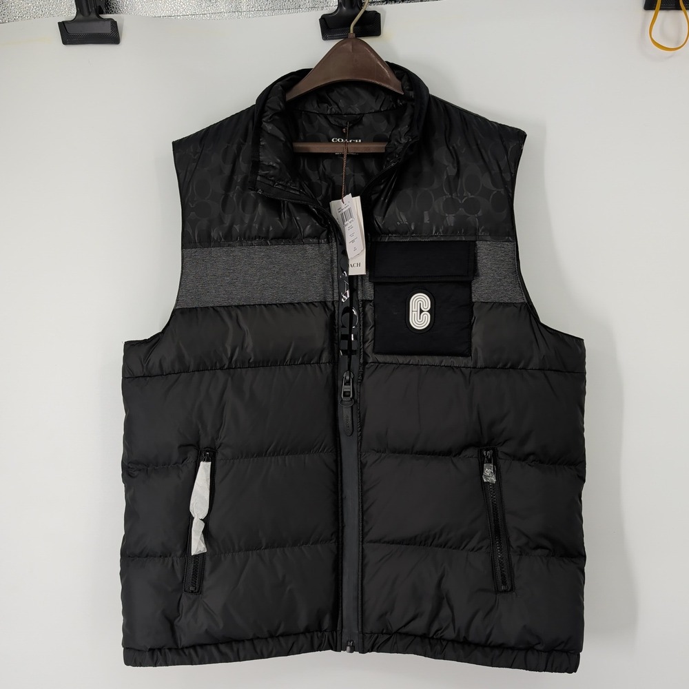 Coach Mens Signature Colorblock Down Vest Black Grey Puffer CG626 XL New - Picture 1 of 14